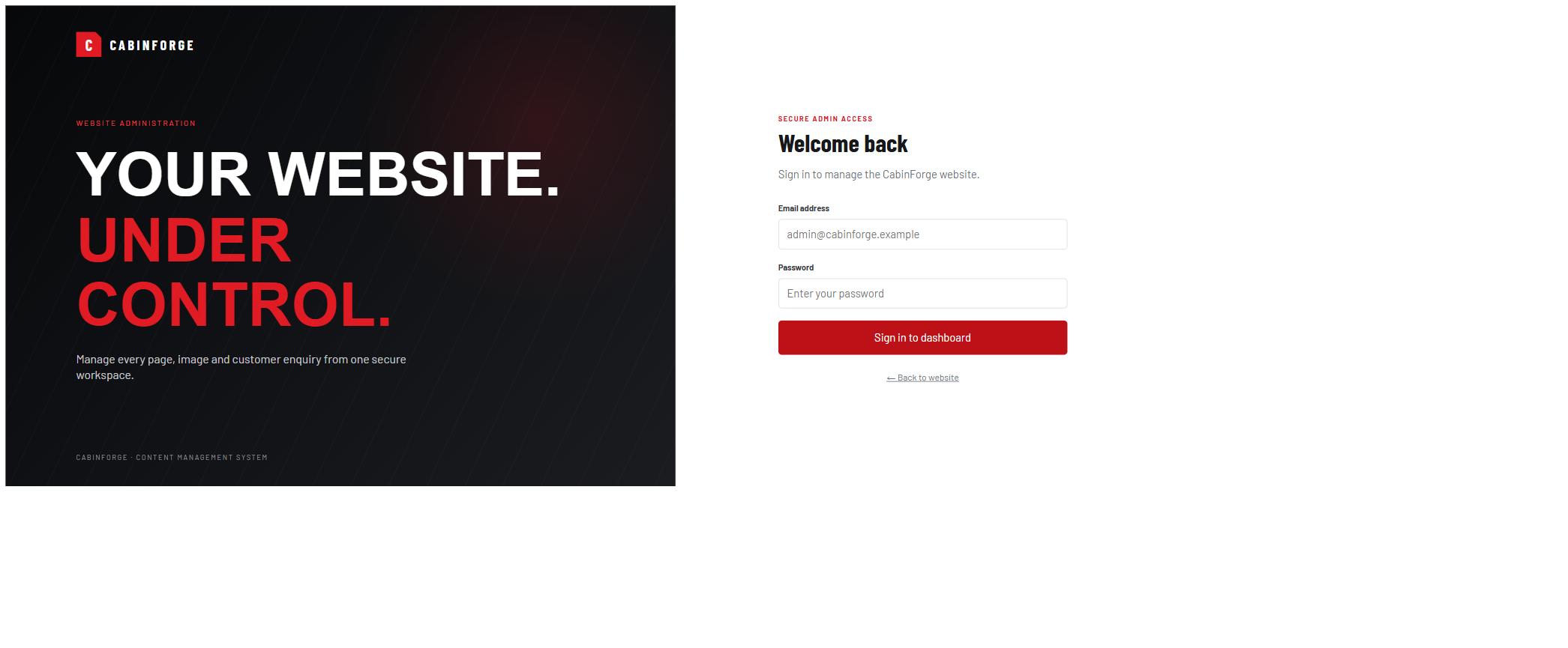 Split-screen CMS login: a dark branded panel reading 'Your website. Under control.' beside a sign-in form.