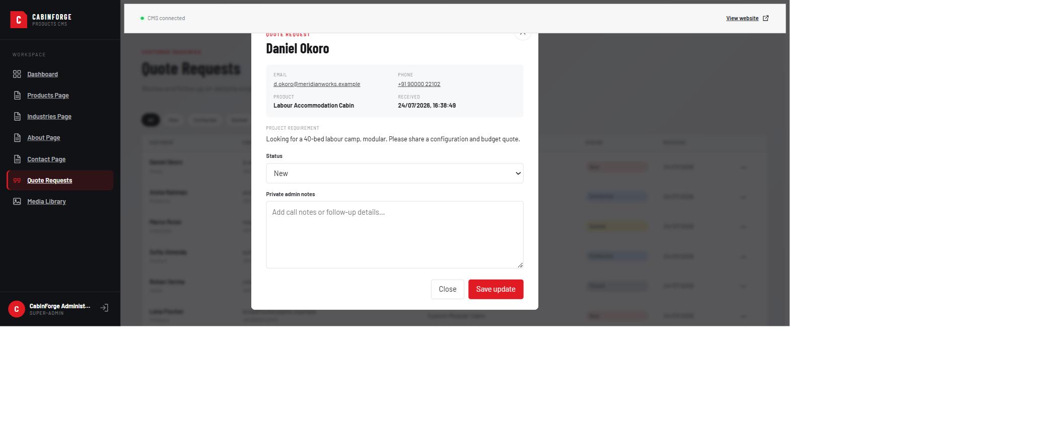 Quote request detail modal for a fictional customer, with email, phone, product, requirement text, a status dropdown and private-notes field.