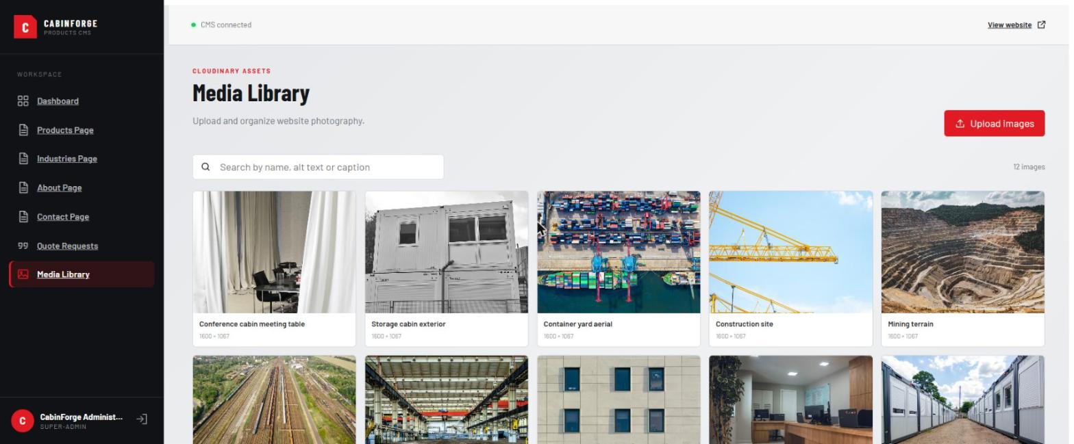 Media Library grid of twelve cabin and site photographs, each with a caption and pixel dimensions, plus a search bar and upload button.