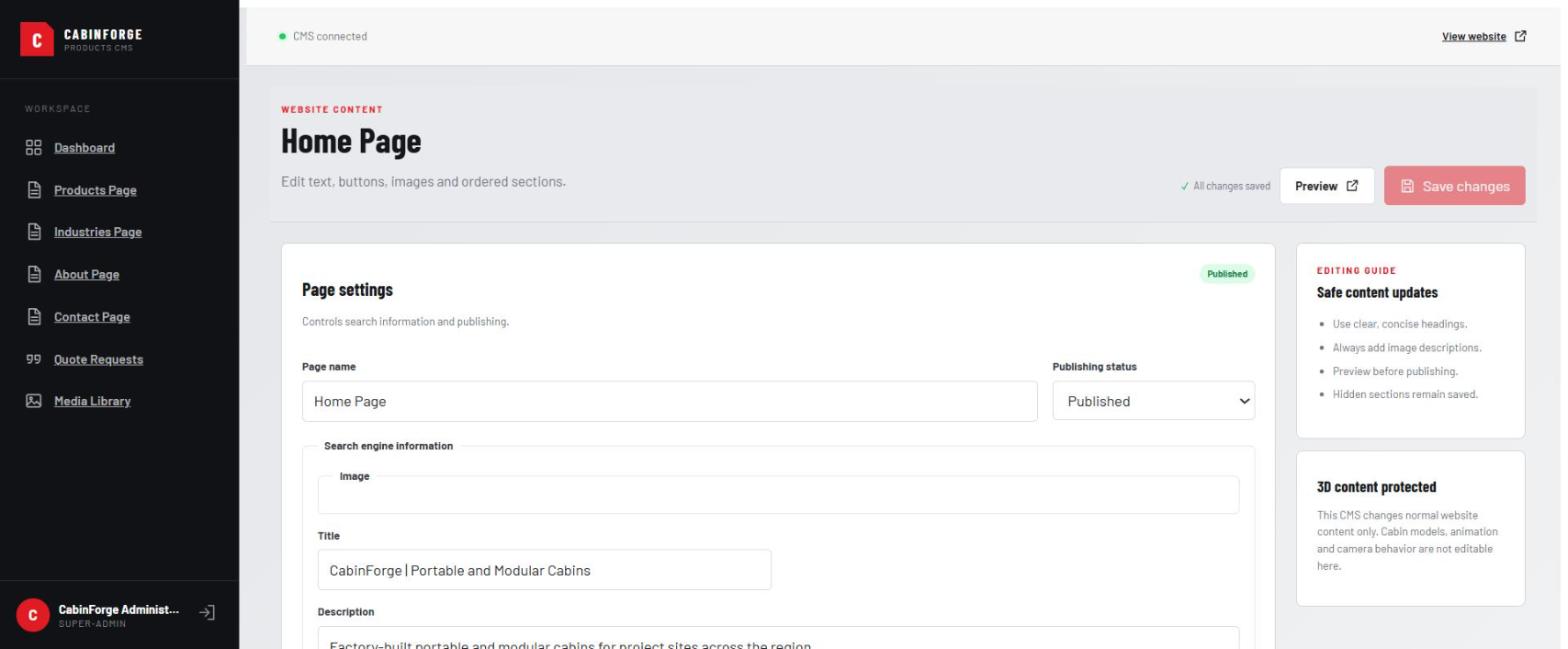 Home Page editor: page settings, publishing status dropdown and SEO fields, with an editing-guide sidebar noting that 3D content is protected.