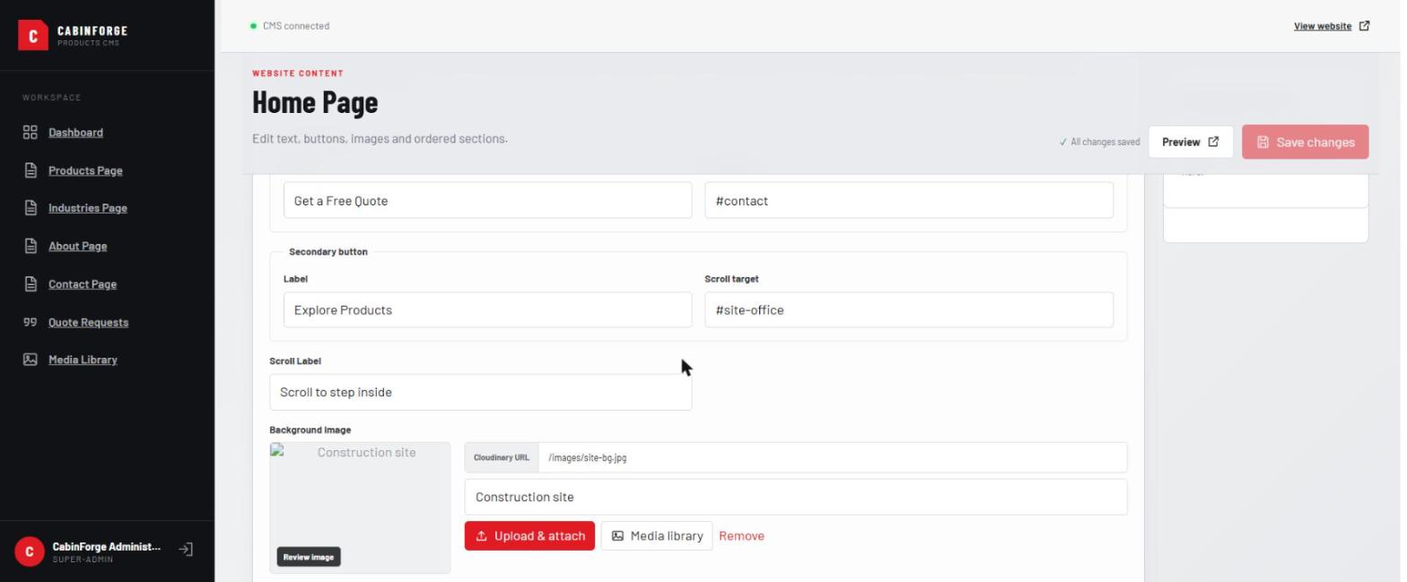 Page editor field view: labelled inputs for button labels and scroll targets, and an image field with a Cloudinary URL, alt text and upload/attach controls.