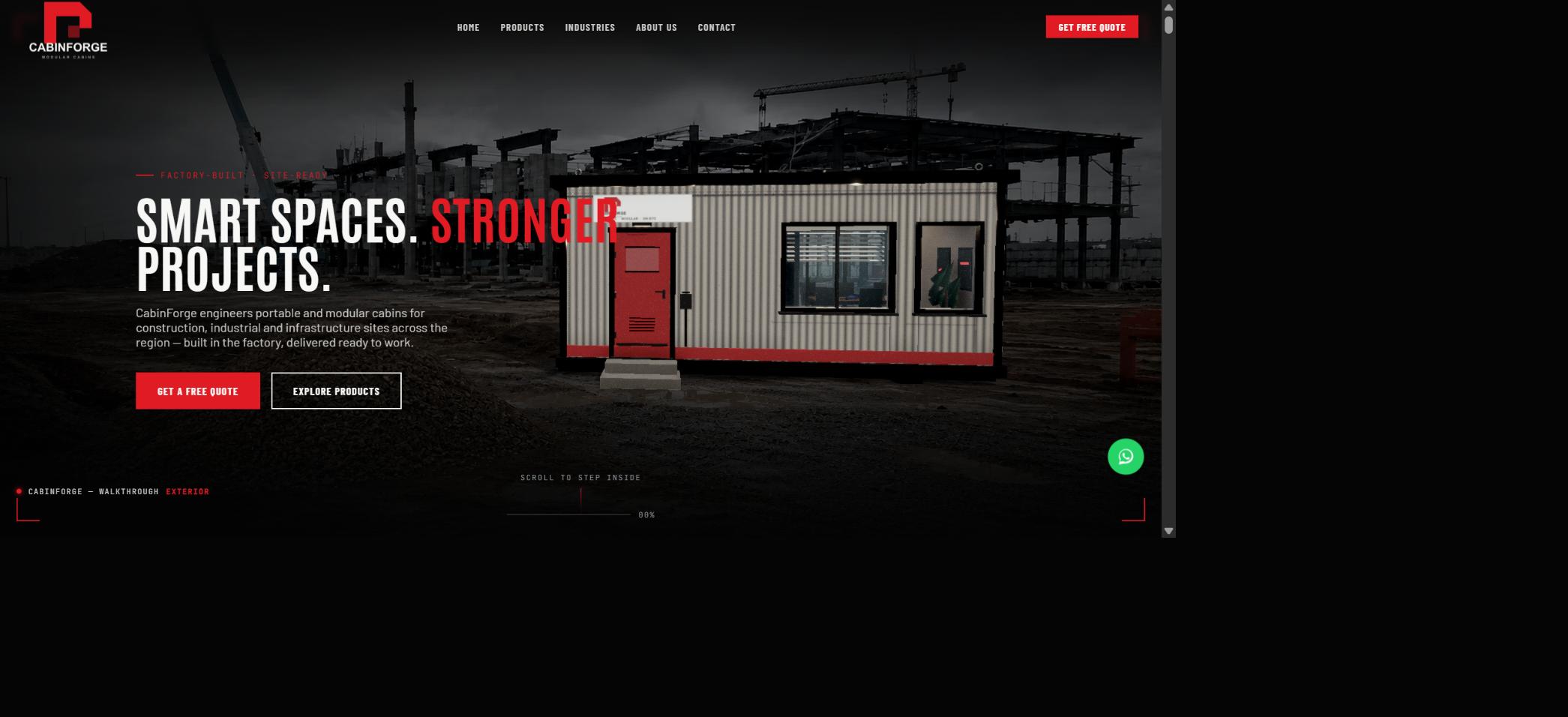 CabinForge homepage hero with a real-time 3D site-office cabin rendered over a construction-site backdrop.