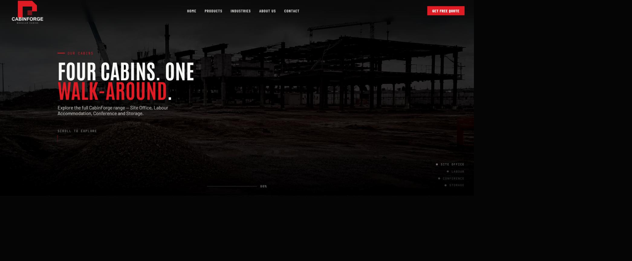 Products page intro reading 'Four cabins. One walk-around.' with a category rail for Site Office, Labour, Conference and Storage.