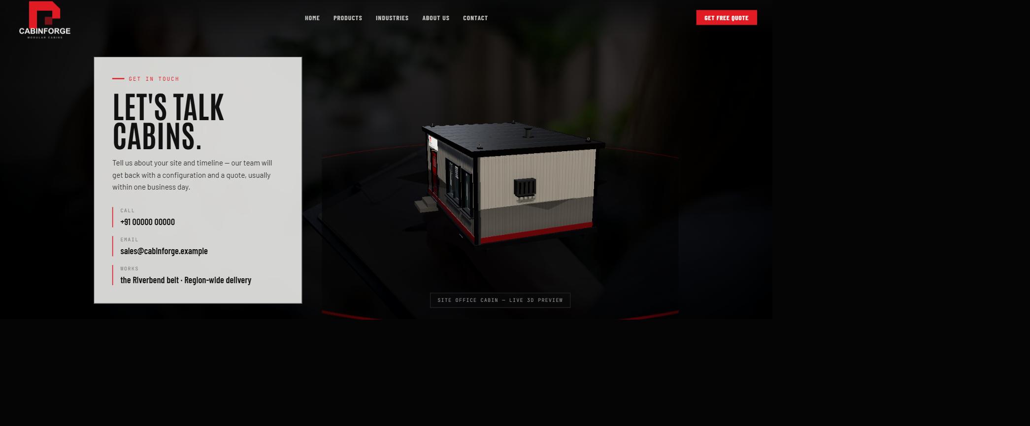 Contact hero 'Let's talk cabins' with a rotating live 3D cabin preview and a quick-contact card showing anonymized phone, email and region.