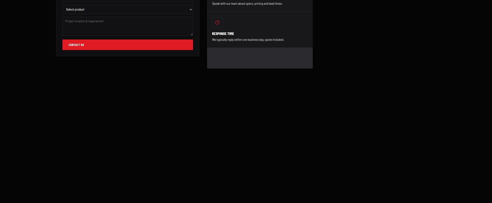 Quote request form with a product dropdown, requirement textarea and red 'Contact us' button, beside a 'Response time' info card.
