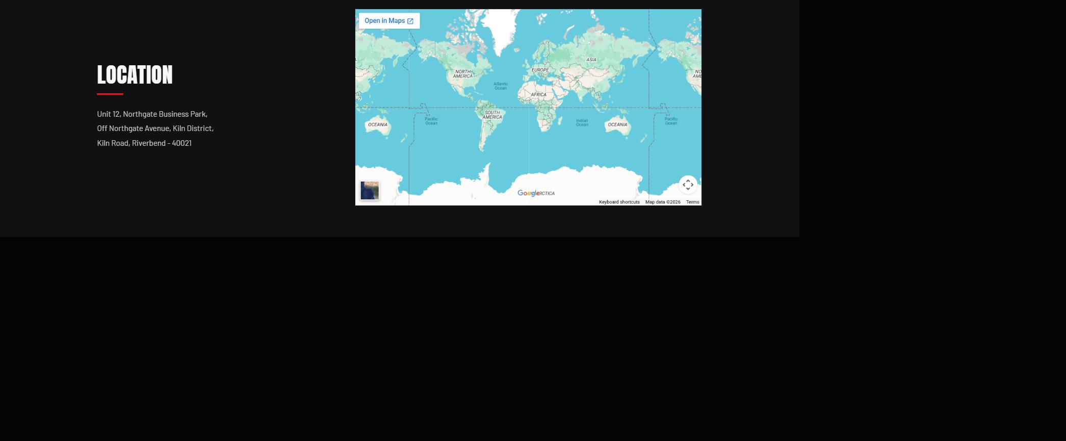 'Location' section with a fictional anonymized address beside an embedded Google Map.
