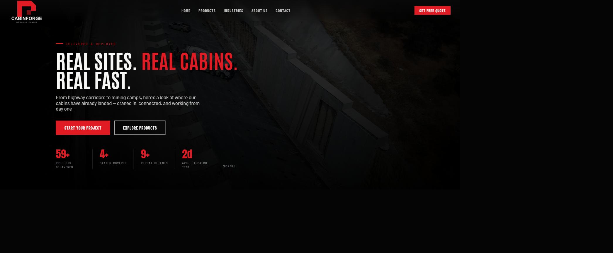 Projects hero 'Real sites. Real cabins. Real fast.' with KPI tiles for projects delivered, states covered, repeat clients and average dispatch time.