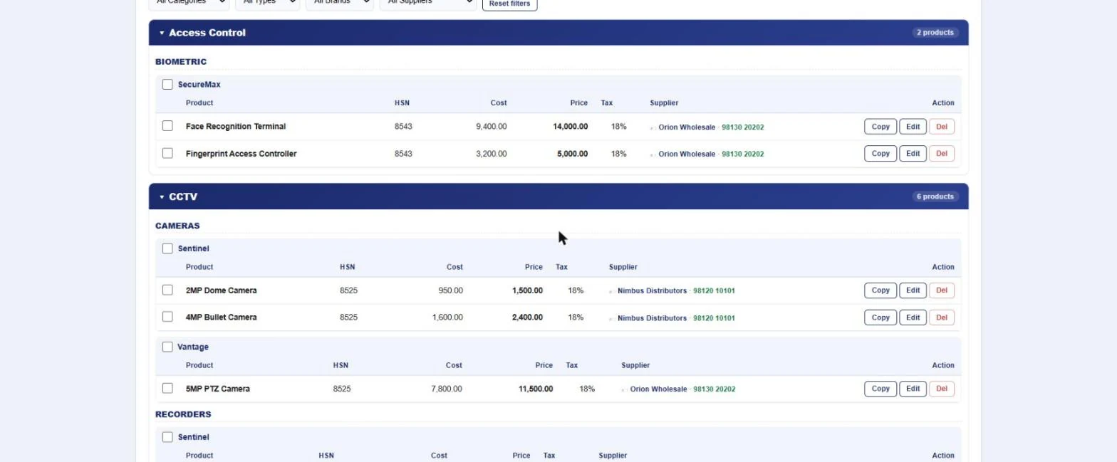 Price-list catalog grouped by category, sub-category and brand