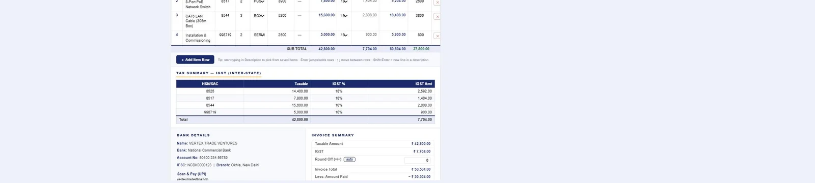 Invoice line items with HSN-wise tax summary, bank details and invoice summary