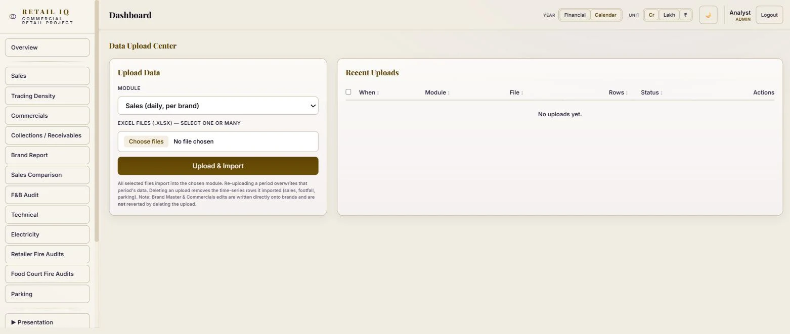 Data upload center with an Excel drop zone, a five-step import pipeline diagram and an upload log table.